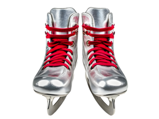 Stylish silver ice skates with red laces on a white isolated background.