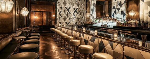 An art deco cocktail bar with geometric wallpaper, mirrored accents, and plush stools lining a sleek, backlit counter