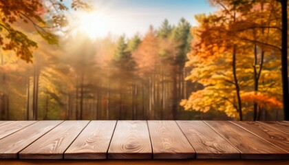Wood countertop on autumn forest background for product presentation. Outdoor tabletop mockup for food or cosmetics design. wooden table in forest