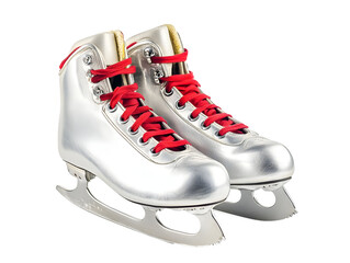 Silver ice skates with red laces on white isolated background.