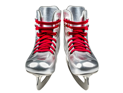Stylish silver ice skates with red laces on a white isolated background.
