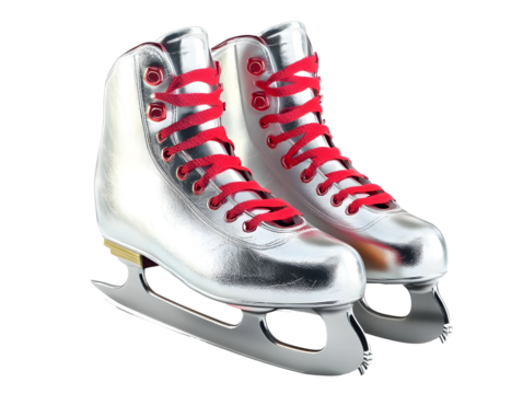 Stylish silver ice skates with red laces, perfect for winter sports enthusiasts, isolated on a white background.