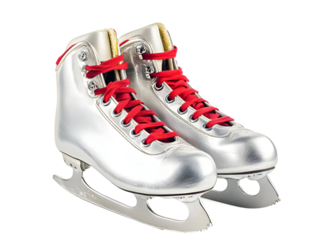 Silver ice skates with red laces on white isolated background.