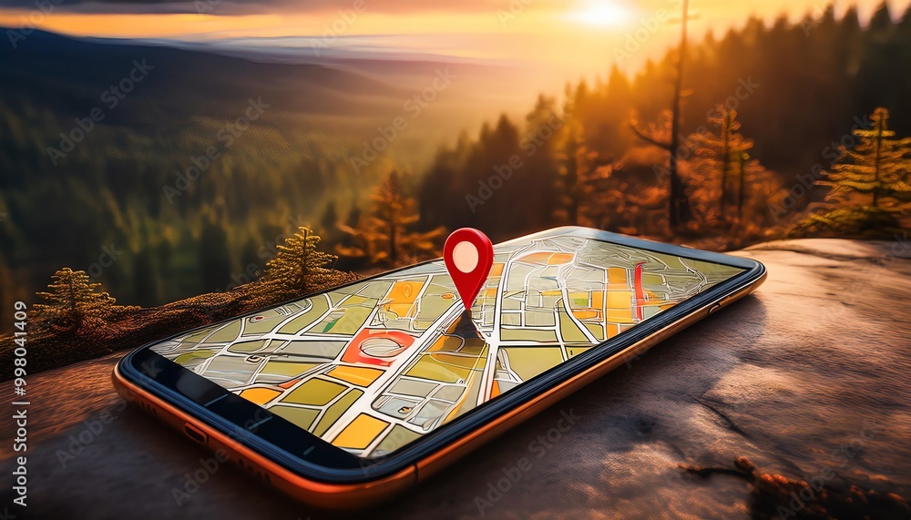 Poster a smartphone displaying a map with a location pin, set against a scenic sunset backdrop in a foreste