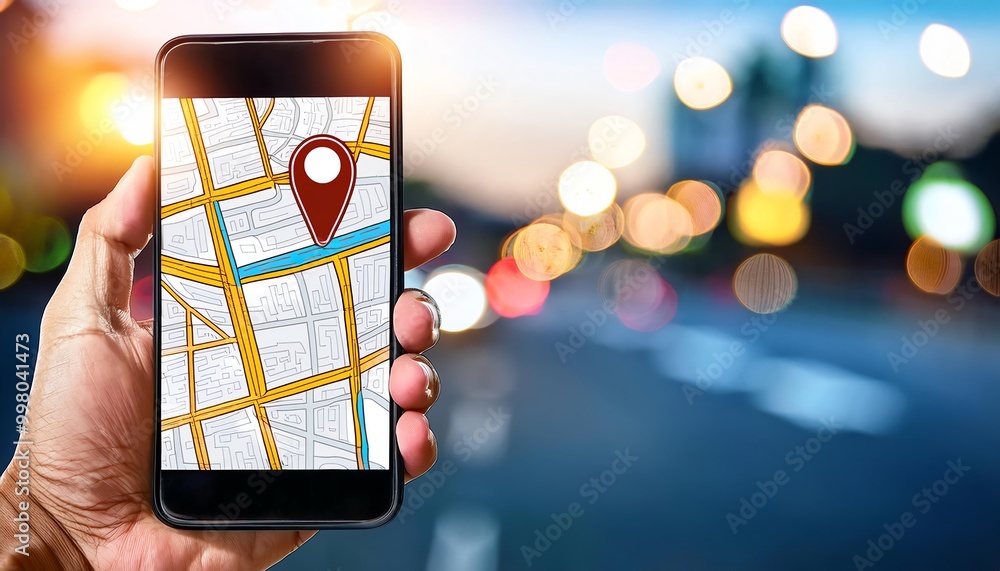 Poster a person holds a smartphone displaying a map with a location pin against a blurred street background