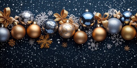 A festive arrangement of gold and silver Christmas ornaments beautifully decorated with intricate snowflake patterns. 