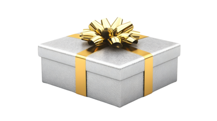 Silver gift box with a golden bow, perfect for celebrations and special occasions, isolated on white background.