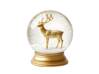Golden reindeer inside a snow globe on a white background, perfect for holiday decor and seasonal themes.