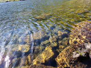 Mountain lake relaxation, pure waterscape natural background. Laying somewhere in the mountains