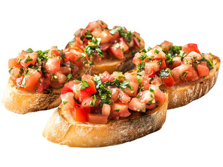 Delicious bruschetta topped with fresh tomatoes and herbs, perfect for appetizers or snacks, on a white isolated background.