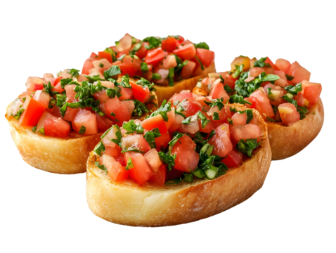 Fresh bruschetta topped with vibrant tomatoes and herbs, served on toasted bread, perfect for appetizers.