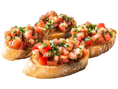 Delicious bruschetta topped with fresh tomatoes and herbs, perfect for appetizers or snacks, on a white isolated background.