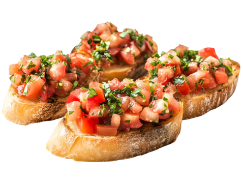 Delicious bruschetta topped with fresh tomatoes and herbs, perfect for appetizers or snacks, on a white isolated background.