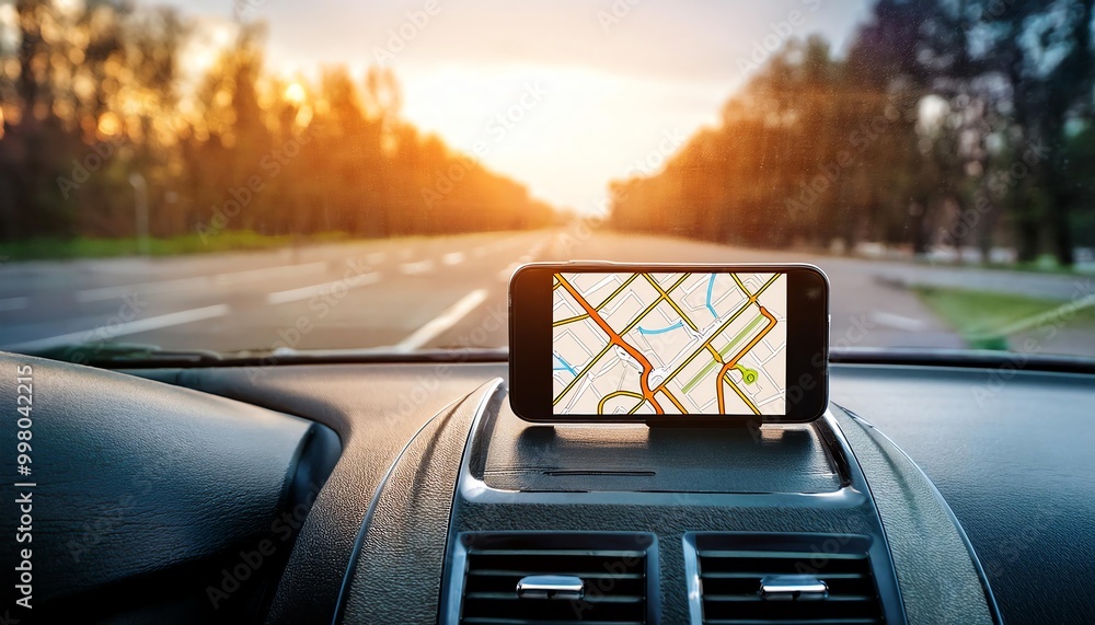 Aufkleber a smartphone displaying a map sits on a car dashboard, with an open road and sunset in the backgroun