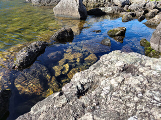 Mountain lake relaxation, pure waterscape natural background. Laying somewhere in the mountains