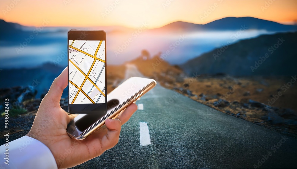 Aufkleber a person holds a smartphone displaying a map against a scenic background of a road and mountains at 