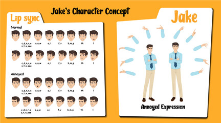 Annoyed male employee cartoon character AKA Jake, men wearing an office uniform. Annoyed face expressions and lip sync. Set of male cartoon with various hand gesture and front and 1/3 standing pose. © characterbazaar