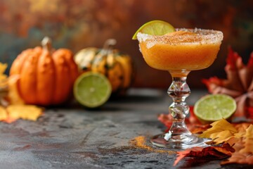 Pumpkin Spice Margarita Cocktail with Lime in Margarita Glass for Autumn Celebration






