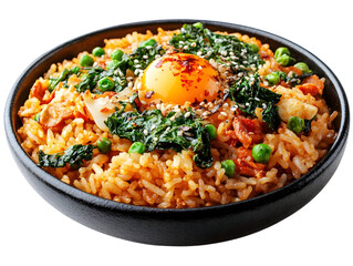 Delicious rice bowl with vegetables, spicy seasonings, and a perfectly cooked egg on top, isolated on white background.