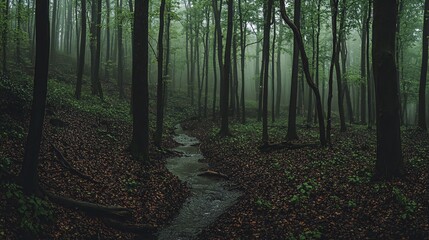 Obraz premium A misty forest path with a stream running through it.