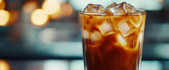 Creating iced coffee with instant powder dissolves quickly in water in a tall glass with ice cubes 