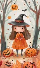 Fototapeta premium Halloween concept, kids trick or treating, cute illustration for holiday