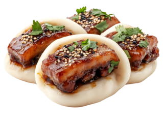 Delicious bao buns filled with pork and topped with herbs, sesame seeds, and sauce.