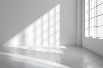 Sunlight streams through a large window casting a grid pattern on the white wall of a minimalist room.