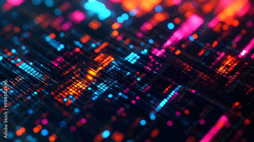 Poster a vibrant abstract design featuring glowing lines and dots in neon colors, creating a sense of dynam