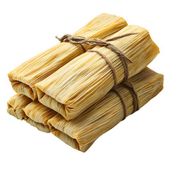 A stack of traditional wrapped tamales tied with twine, isolated on a white background.
