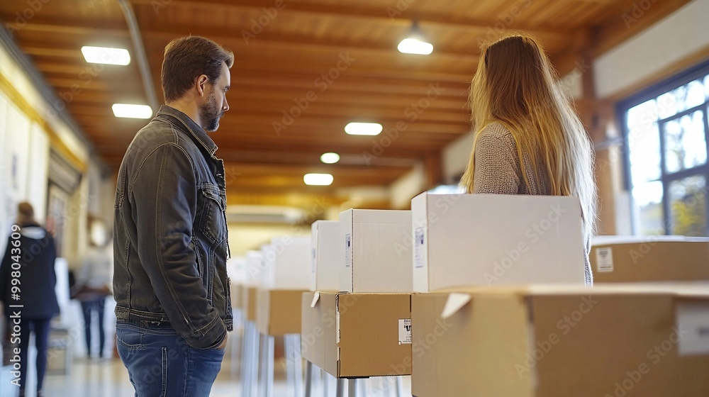 Aufkleber A view of voters inside a polling station with voting booths lined up representing the organization and structure of the election process Large space for text in center Stock Photo with copy space