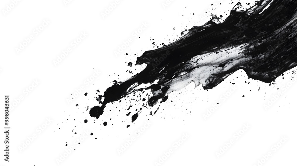 Poster a dynamic splash of black paint creating an artistic effect against a white background, suggesting c