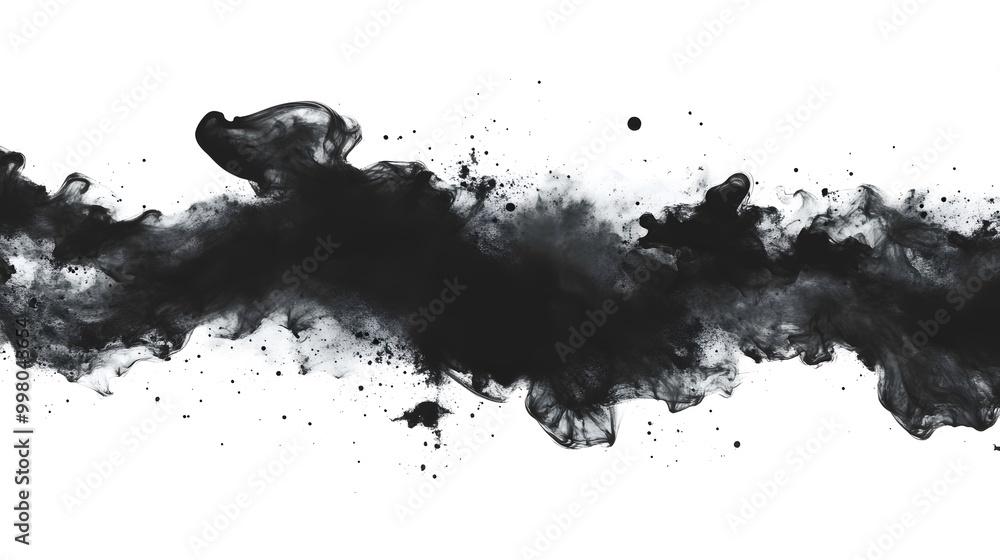 Poster abstract black ink splatter on a white background, creating a dynamic, fluid design that evokes crea