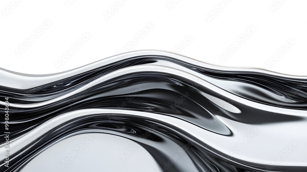 Poster a sleek, flowing black surface resembling liquid waves with a smooth, glossy texture, creating a mod