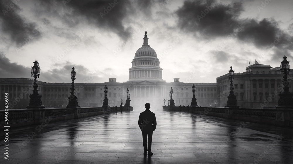 Poster a panoramic view of the us capitol building at dawn symbolizing the beginning of a new day and the h