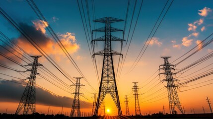 Fototapeta premium A group of power lines are shown in the sky at sunset