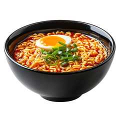Delicious bowl of ramen with egg, green onions, and savory broth on a white isolated background.
