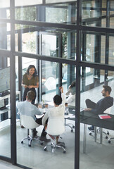 Office, business people and screen for meeting with question, opinion and curiosity in workshop. Glass boardroom, teamwork and speaker with answer for corporate updates, presentation or training info © SunriseDon/peopleimages.com