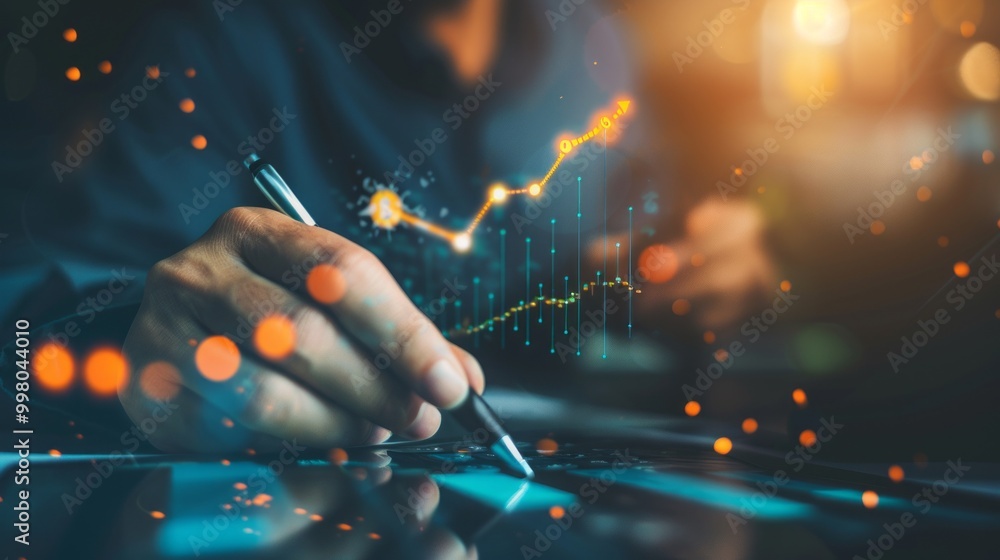 Poster a man is writing with a pen on a computer screen