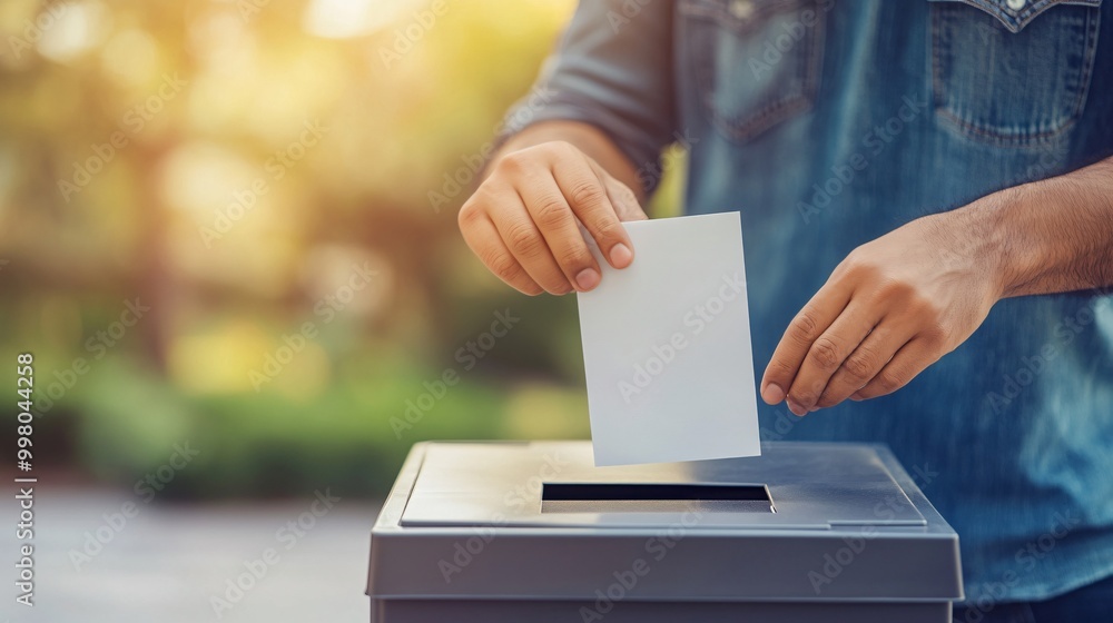 Aufkleber A close-up of a voter placing a ballot into a secure drop box symbolizing safe and trusted methods for casting a vote Large space for text in center Stock Photo with copy space