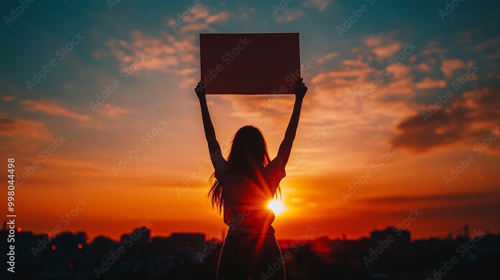 Poster a silhouette of a person holding up a sign at sunset symbolizing hope activism and the power of indi