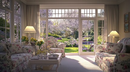 An English cottage garden room with floral upholstered furniture, soft lighting, and views of a blossoming garden outside