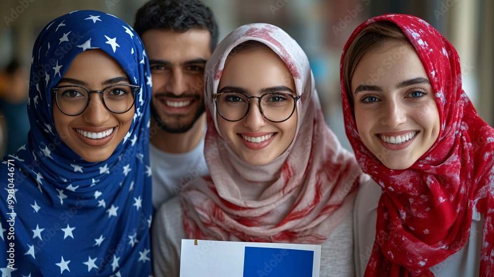 Poster A group of diverse people posing together holding Vote posters and wearing patriotic colors representing unity and the importance of every vote Large space for text in center Stock Photo with copy