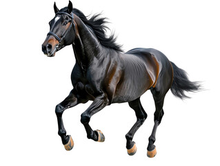 Fototapeta premium A majestic black horse in mid-gallop, showcasing its powerful build and glossy coat against a white isolated background.
