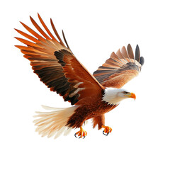 A majestic eagle in mid-flight, showcasing its striking plumage and powerful wings against a clean white background.