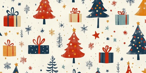 A cheerful Christmas-themed seamless pattern featuring stylized Christmas trees, gift boxes, snowflakes, and stars. 