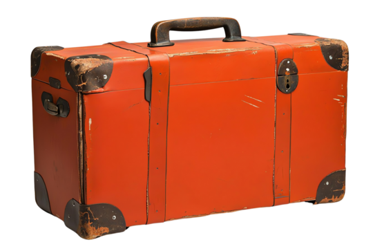 Vintage red suitcase with worn leather accents, perfect for travel-themed designs or nostalgic memories. Ideal for showcasing adventure and exploration.