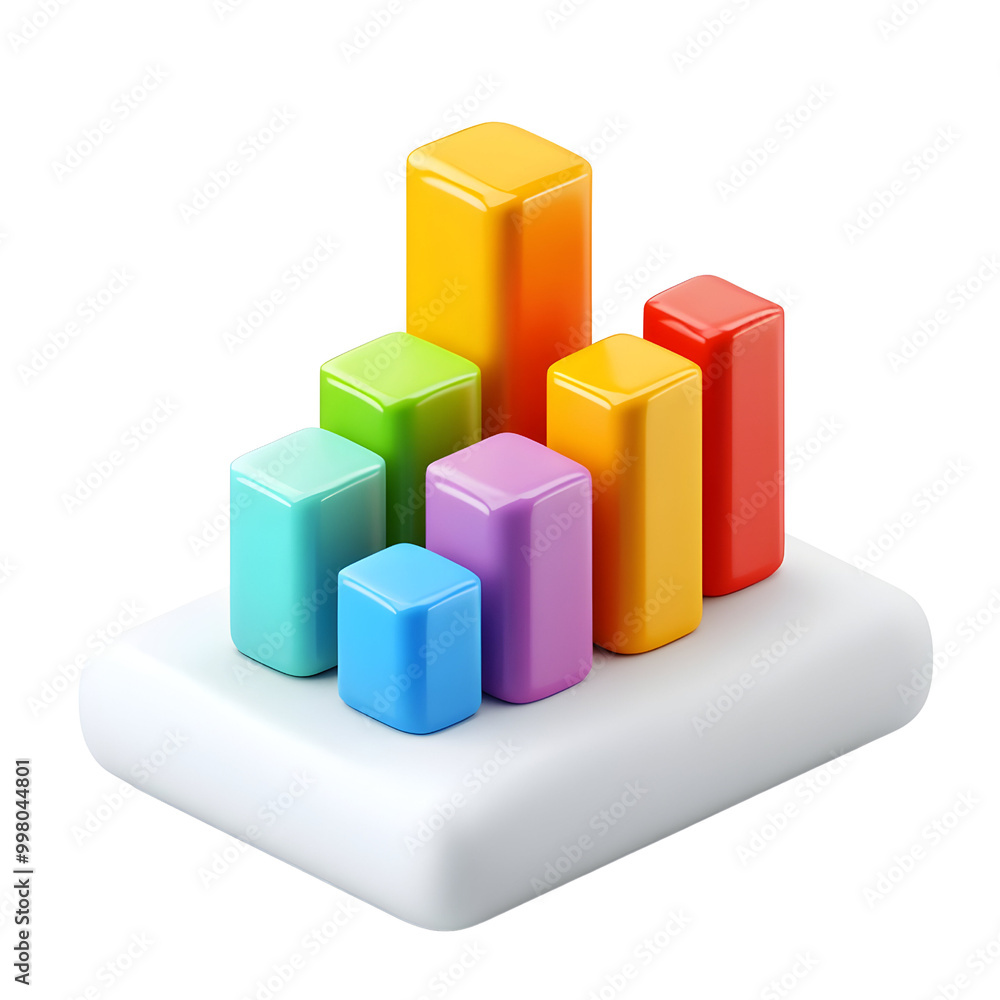 Poster colorful 3d bar chart on a white background, representing data visualization and analytics.