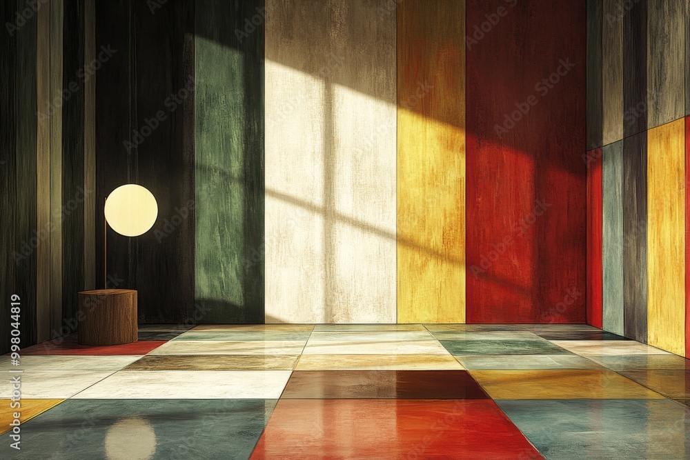 Poster geometric abstract design of a colorful minimalist room with large windows and sunlit geometric floo