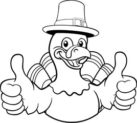 A turkey pilgrim hat Thanksgiving cartoon bird Christmas mascot giving a thumbs up